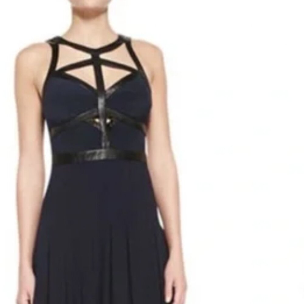 NWT Rebecca Taylor Maxi Leather Caged Gown Blue Silk & Leather, Size 8 $895